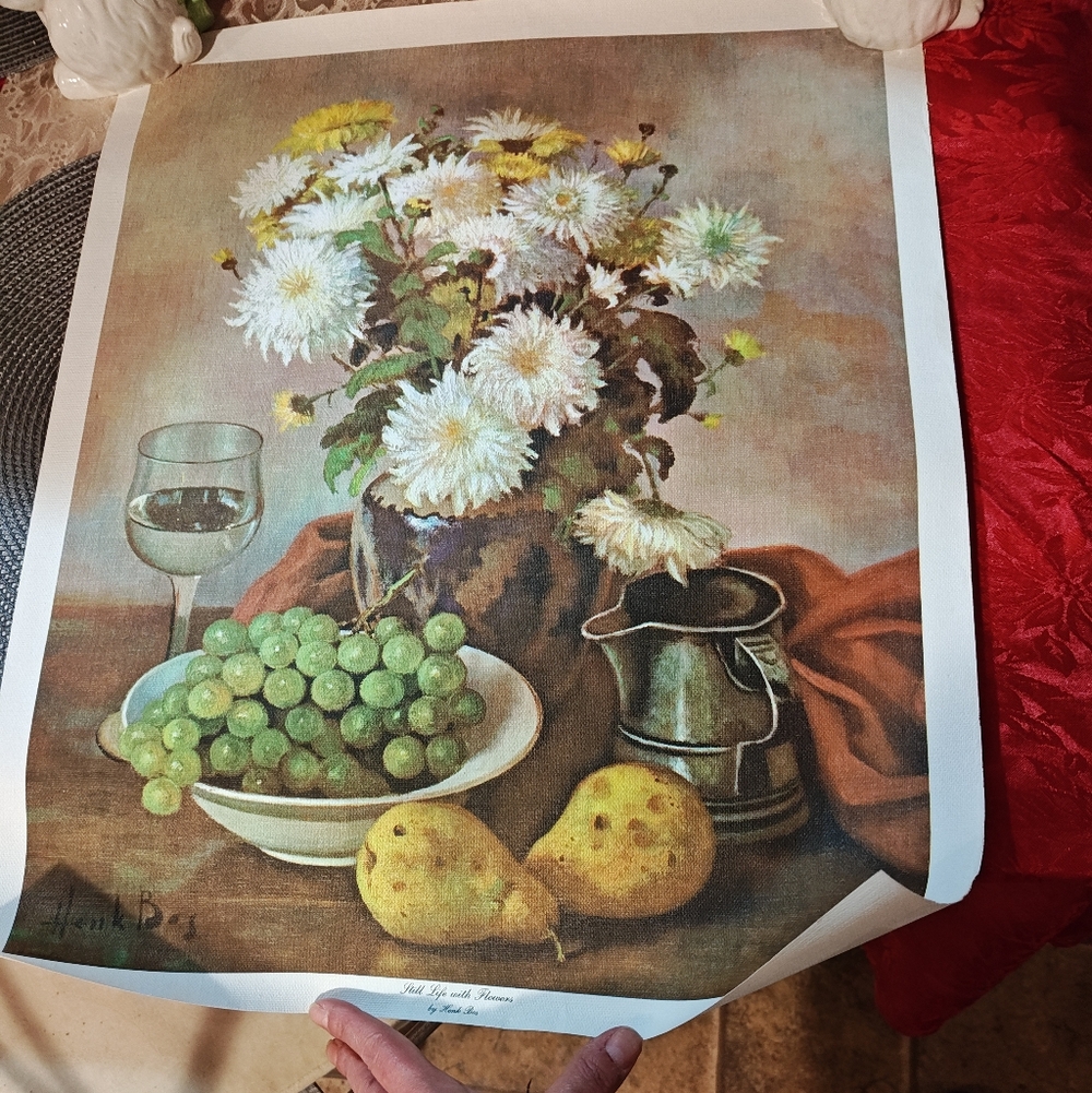 Floral Still Life Art Print with Grapes and Pears